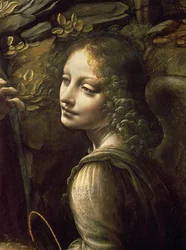 Detal anioła z obrazu Madonna w grotach (Matka Boska z małym świętym Janem adorującym Dzieciątko Chrystus w towarzystwie anioła), ok. 1508